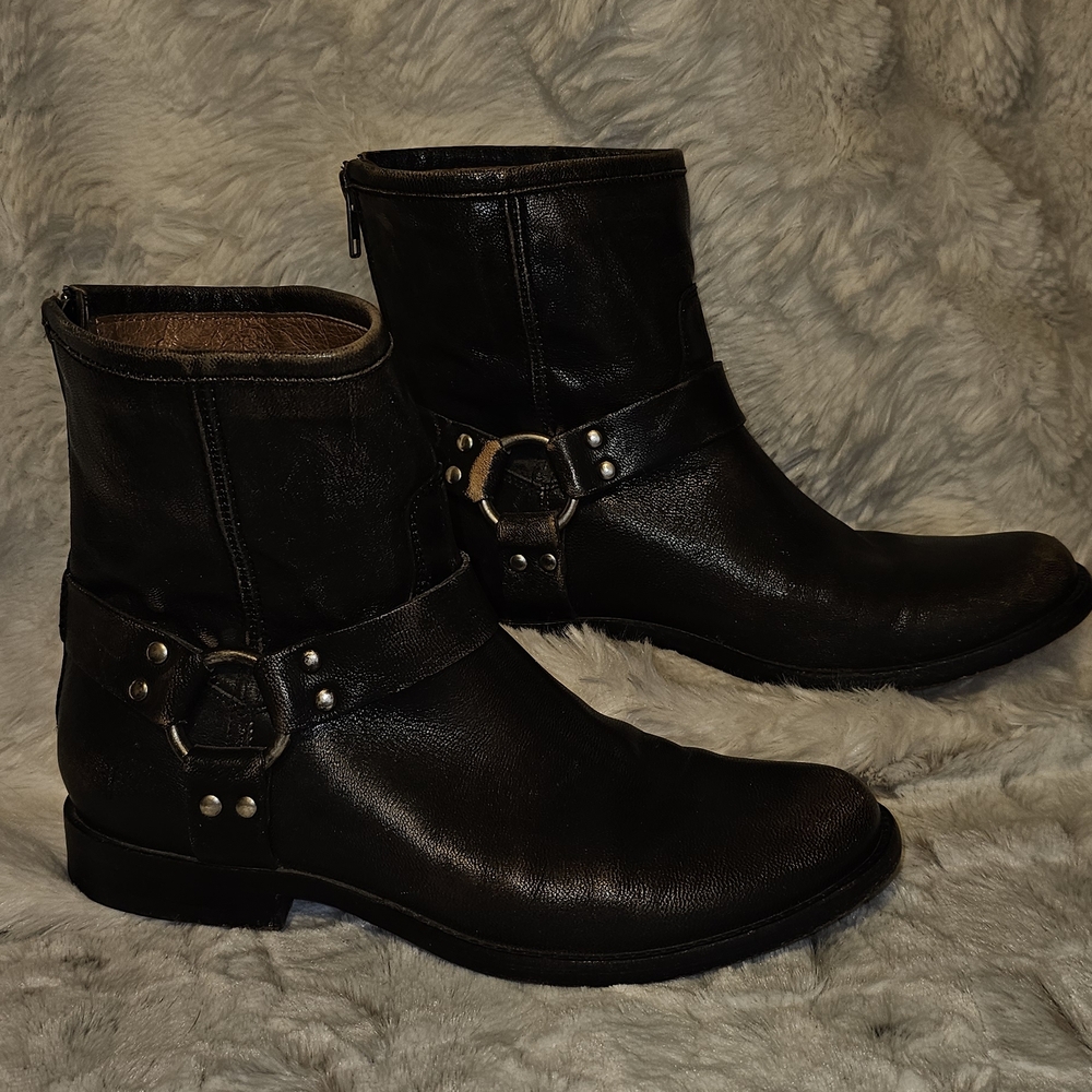 Frye Black Distressed Leather Harness Motercycle Boots